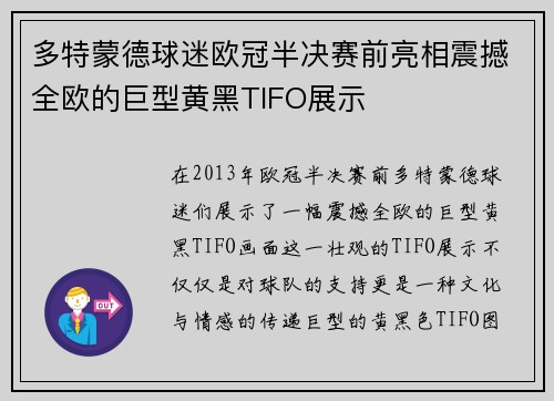 多特蒙德球迷欧冠半决赛前亮相震撼全欧的巨型黄黑TIFO展示